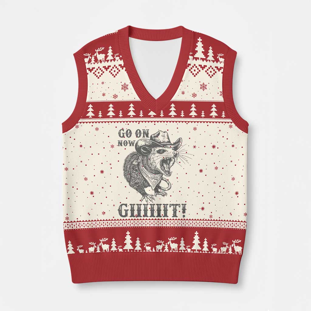 Funny Cowboy Opossum V-Neck Knit Sweater Vest Go On Now Git Western Country Opossum - Wonder Print Shop