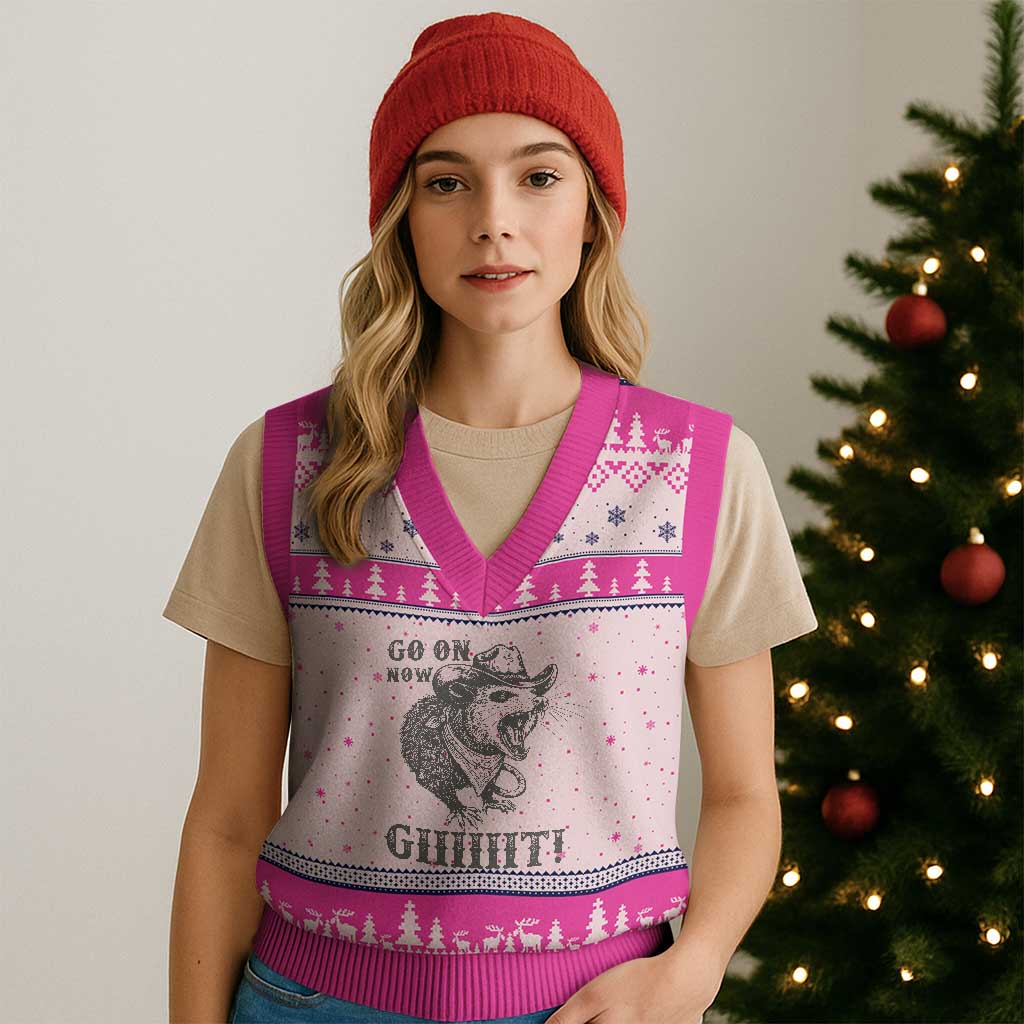Funny Cowboy Opossum V-Neck Knit Sweater Vest Go On Now Git Western Country Opossum - Wonder Print Shop