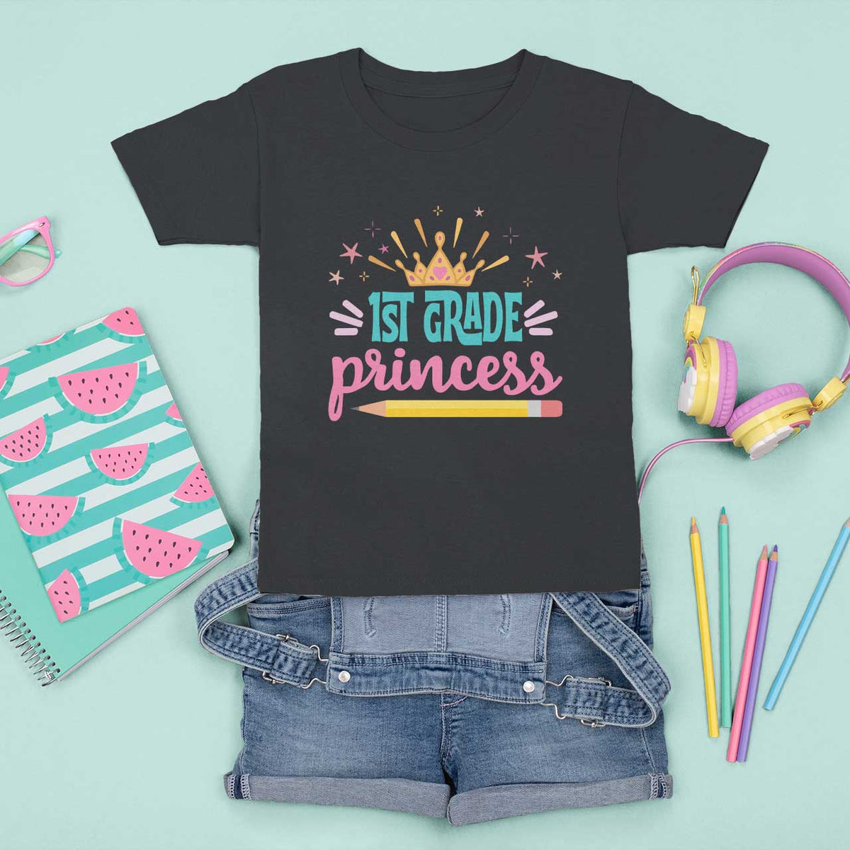Back To School T Shirt For Kid 1ST Grade Princess Lovely Yellow Crown Pencil Cute Star - Wonder Print Shop