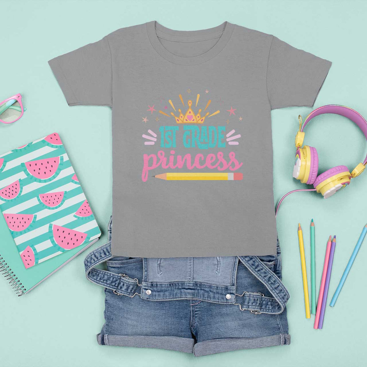 Back To School T Shirt For Kid 1ST Grade Princess Lovely Yellow Crown Pencil Cute Star - Wonder Print Shop