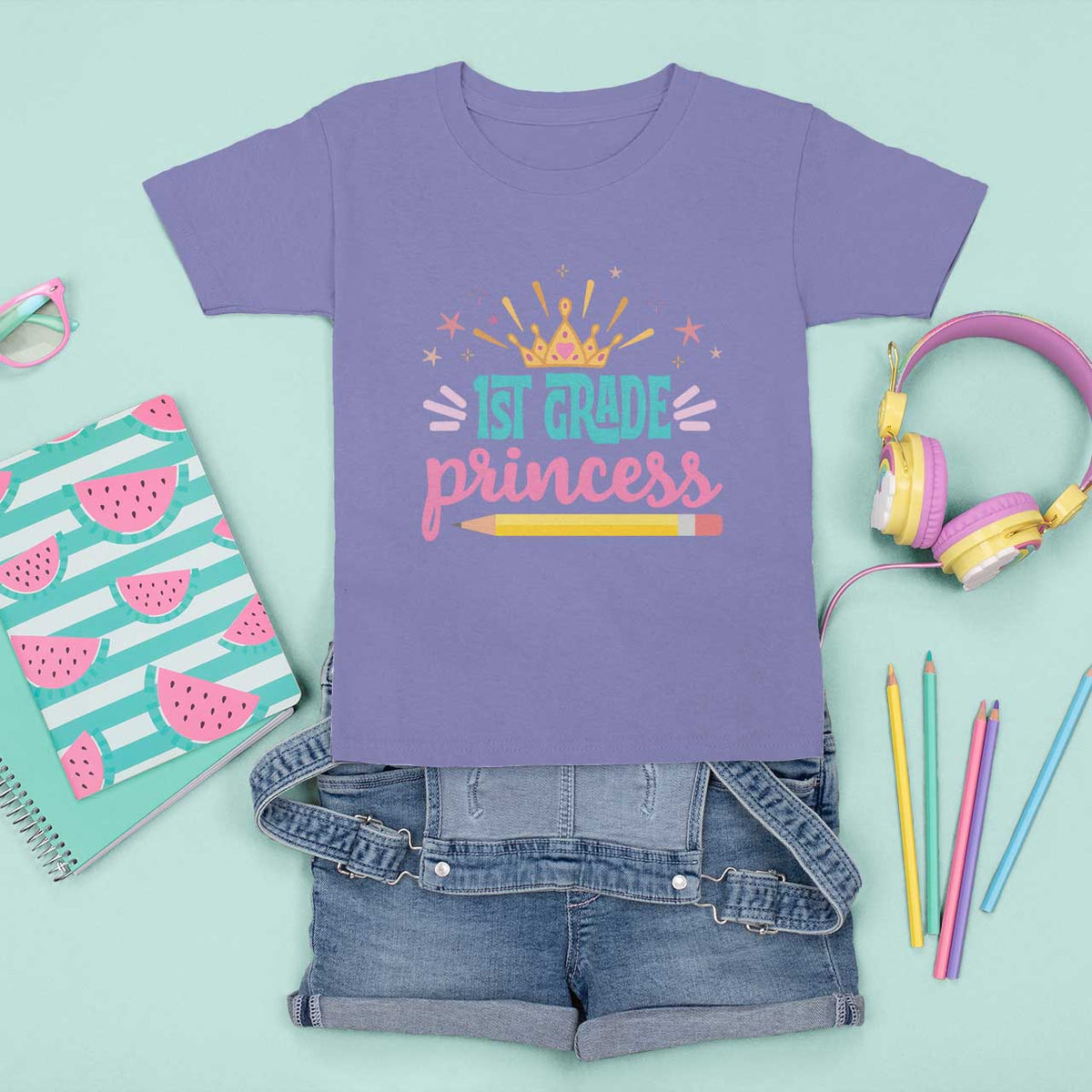 Back To School T Shirt For Kid 1ST Grade Princess Lovely Yellow Crown Pencil Cute Star - Wonder Print Shop