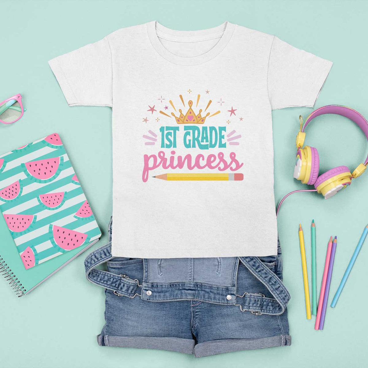 Back To School T Shirt For Kid 1ST Grade Princess Lovely Yellow Crown Pencil Cute Star - Wonder Print Shop