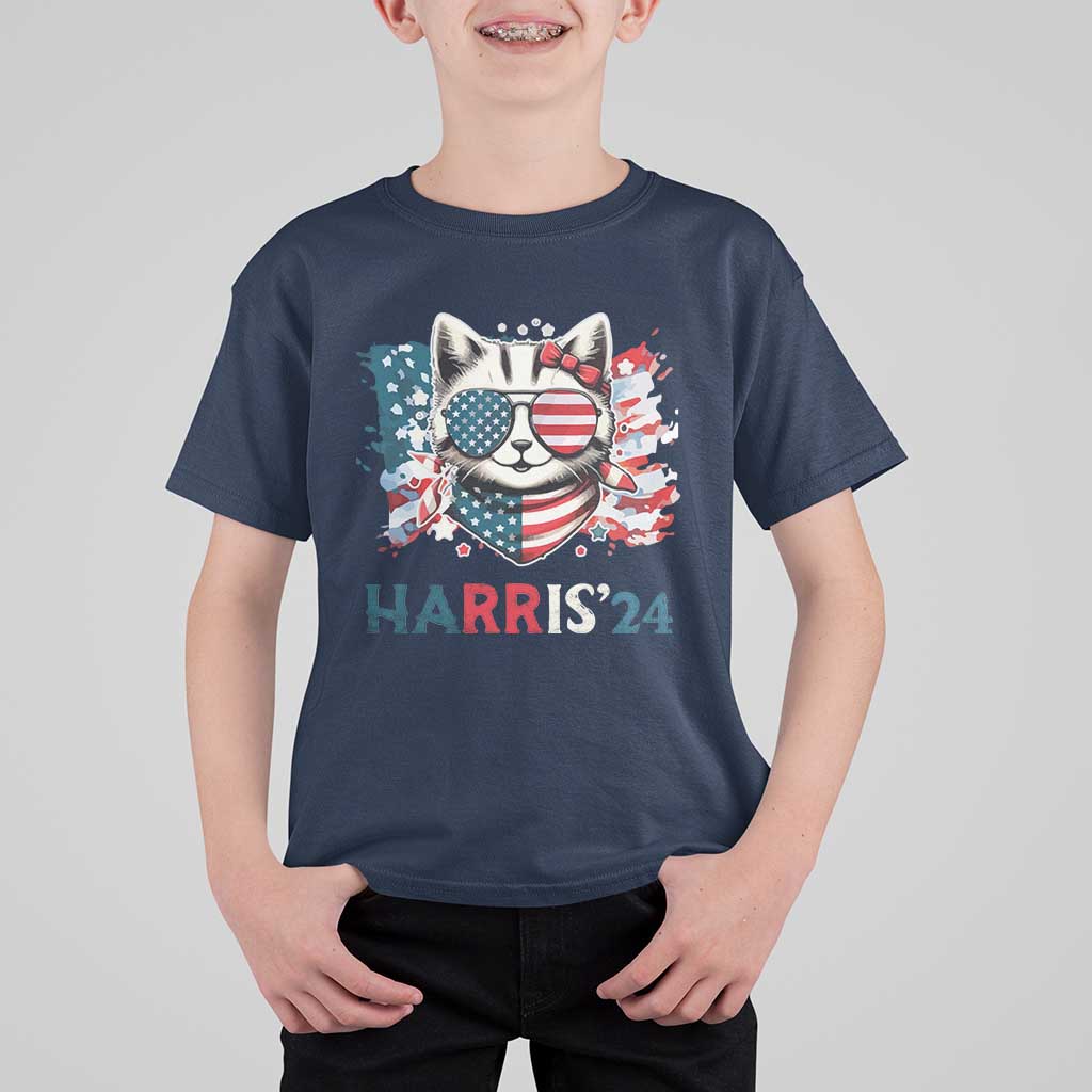 Harris'24 T Shirt For Kid Childless Cat Lady American Flag Sunglasses - Wonder Print Shop