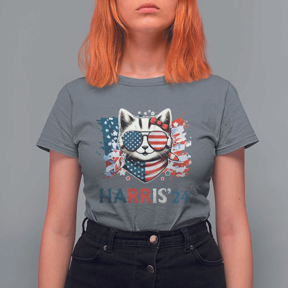 Harris'24 T Shirt For Women Childless Cat Lady American Flag Sunglasses - Wonder Print Shop