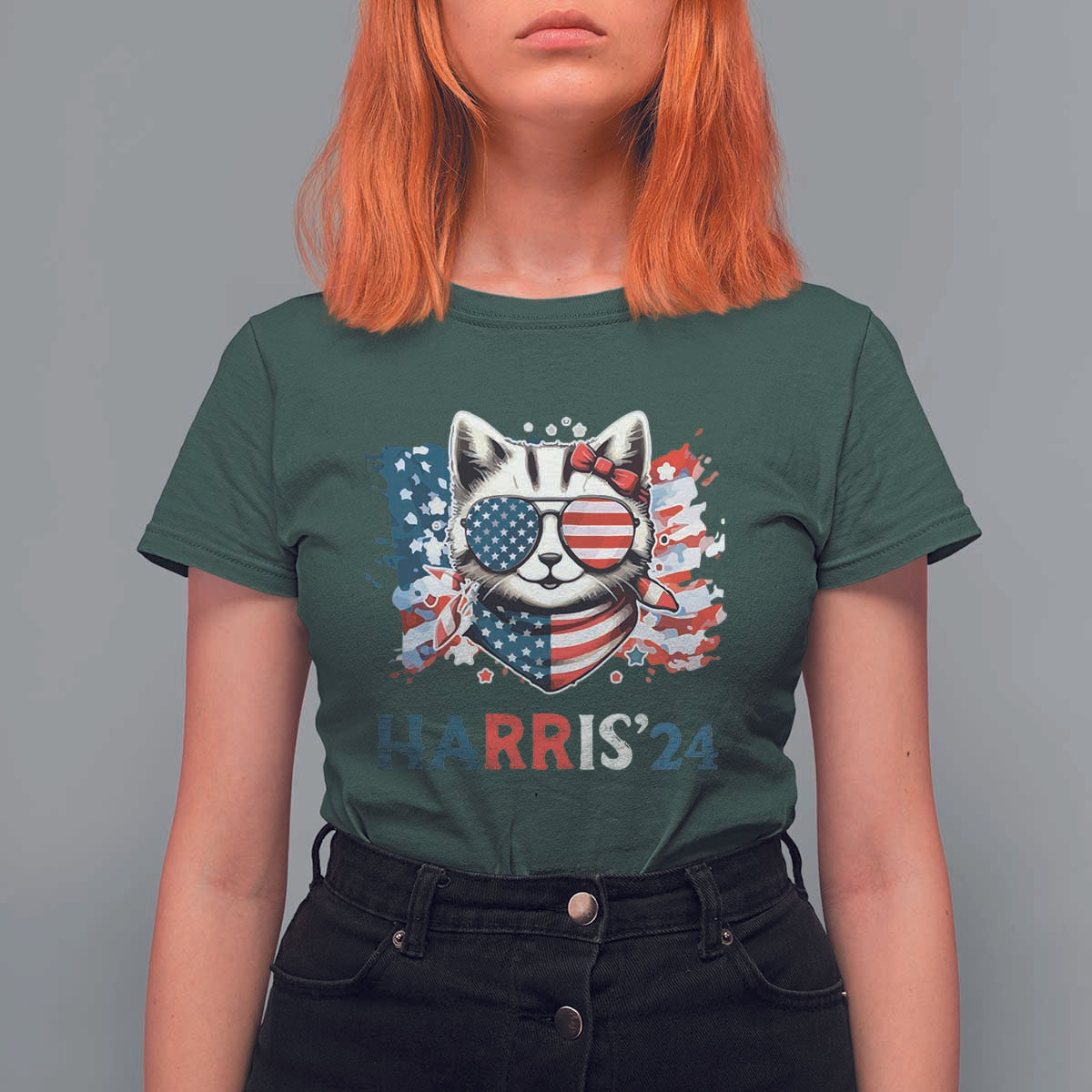 Harris'24 T Shirt For Women Childless Cat Lady American Flag Sunglasses - Wonder Print Shop