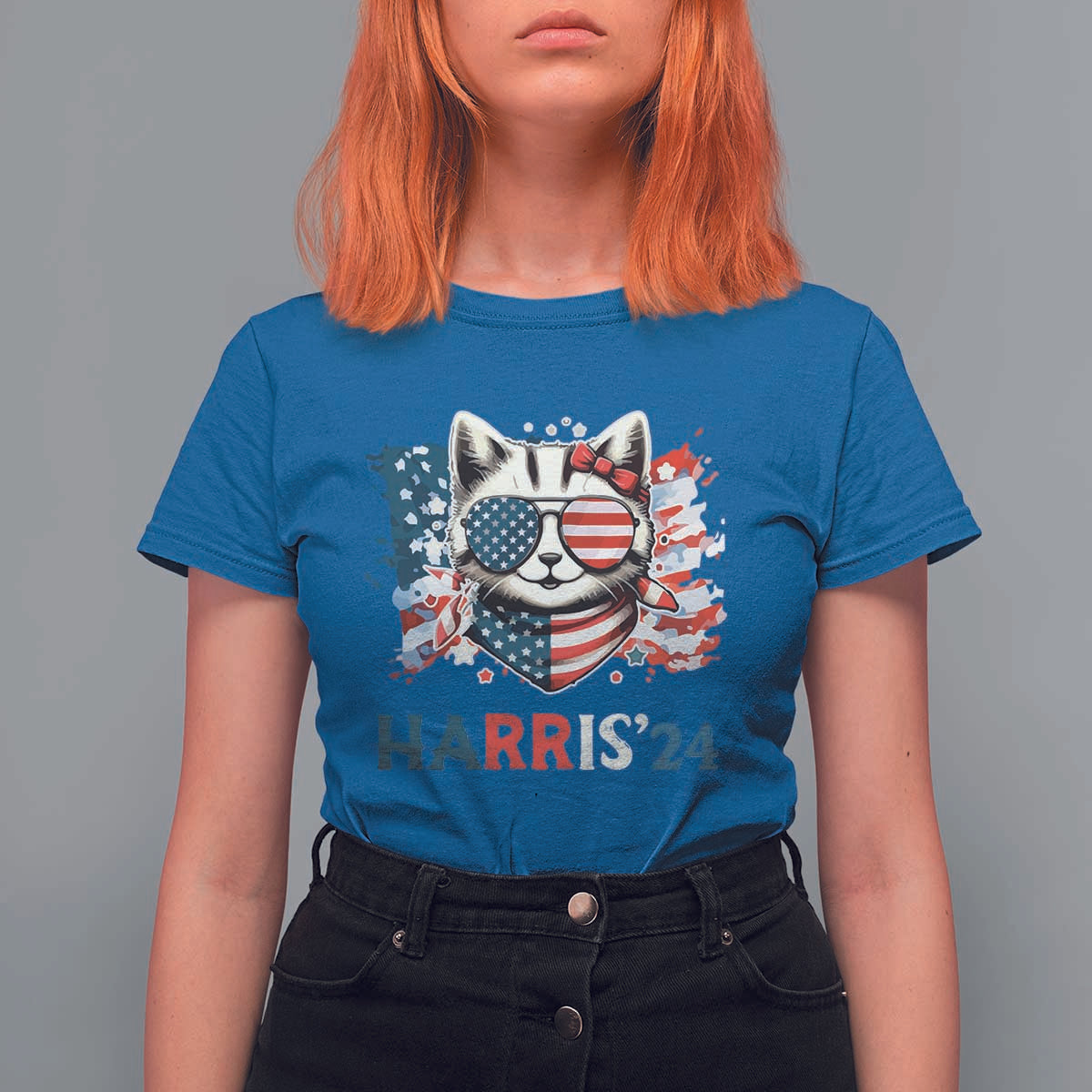 Harris'24 T Shirt For Women Childless Cat Lady American Flag Sunglasses - Wonder Print Shop