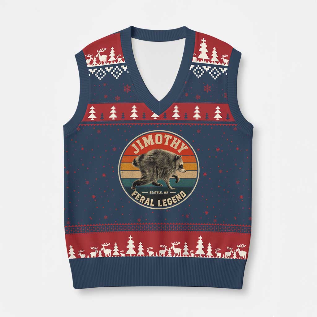 Jimothy Raccoon Seattle Feral Legend V-Neck Knit Sweater Vest Funny Trash Panda Meme Retro
