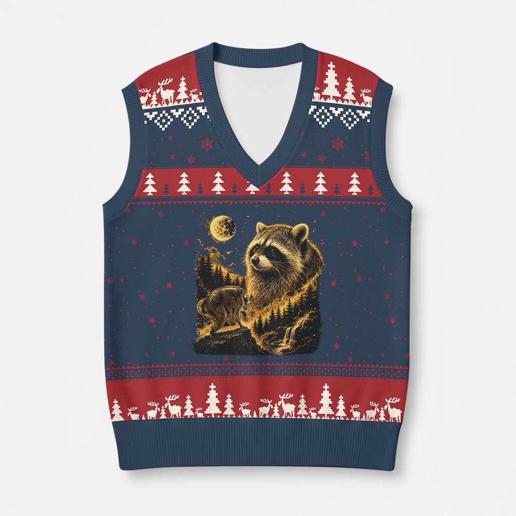 Jimothy Raccoon Howling at The Moon Parody 90s Retro V-Neck Knit Sweater Vest