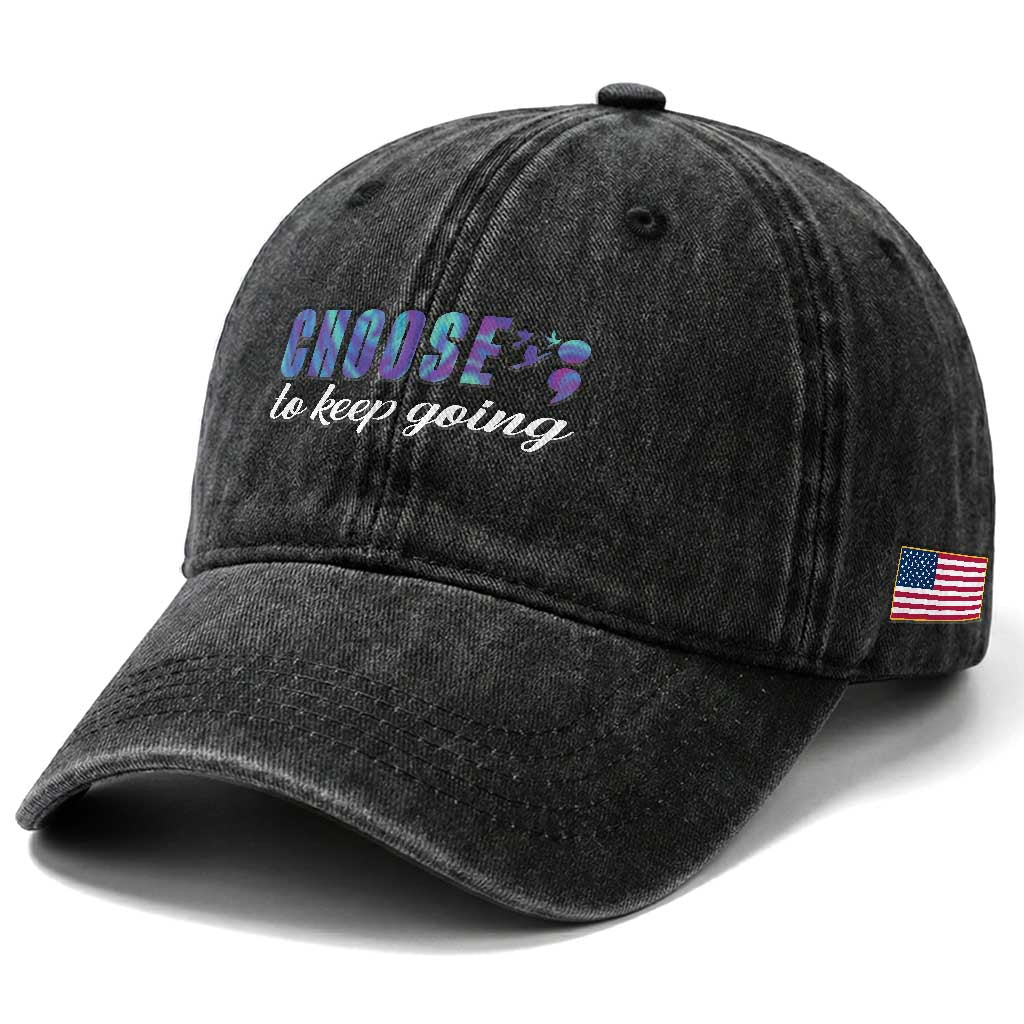 Suicide Prevention Awareness Washed Cotton Baseball Cap Choose To Keep Going Semicolon Birds