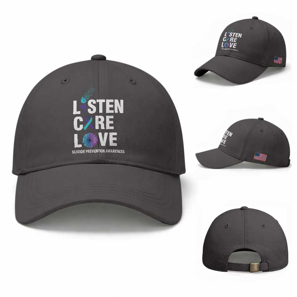 Suicide Prevention Awareness Baseball Cap Listen Care Love Semicolon Bird Flower Ribbon