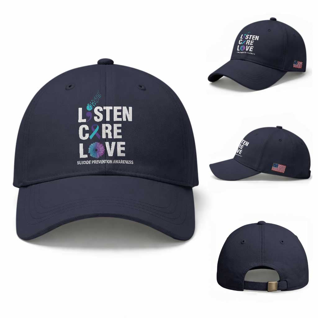Suicide Prevention Awareness Baseball Cap Listen Care Love Semicolon Bird Flower Ribbon