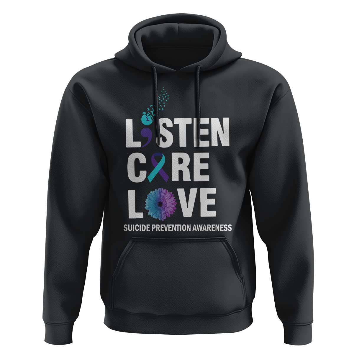 Suicide Prevention Awareness Hoodie Listen Care Love Semicolon Bird Flower Ribbon - Wonder Print Shop