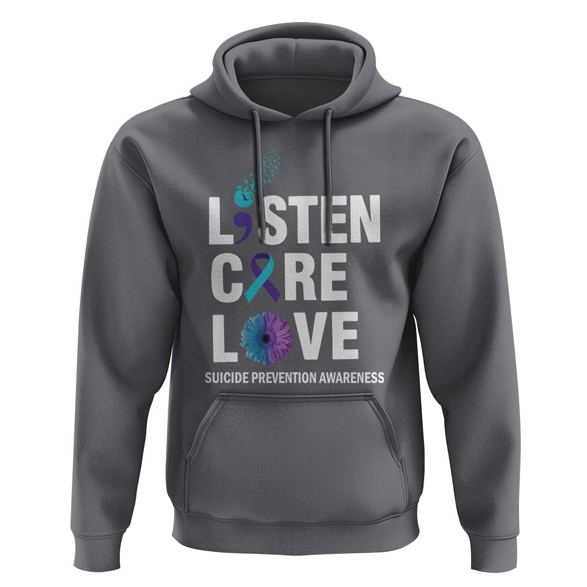Suicide Prevention Awareness Hoodie Listen Care Love Semicolon Bird Flower Ribbon - Wonder Print Shop