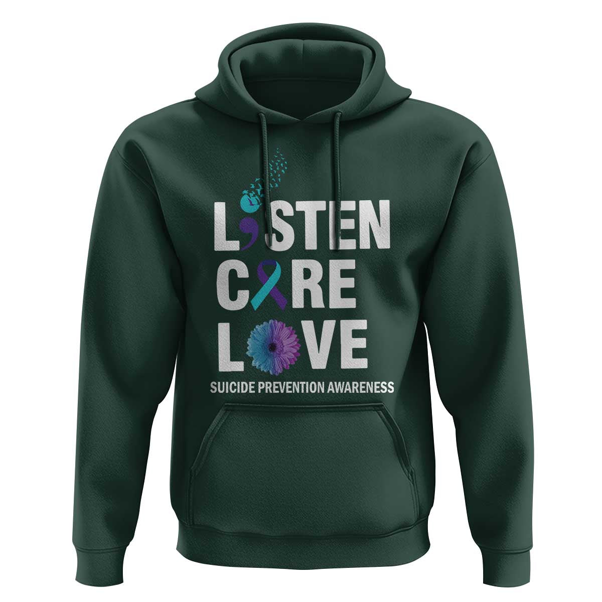 Suicide Prevention Awareness Hoodie Listen Care Love Semicolon Bird Flower Ribbon - Wonder Print Shop