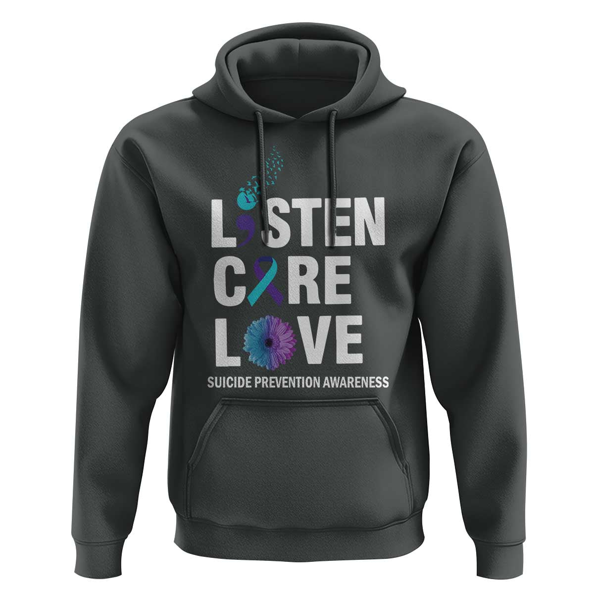 Suicide Prevention Awareness Hoodie Listen Care Love Semicolon Bird Flower Ribbon - Wonder Print Shop