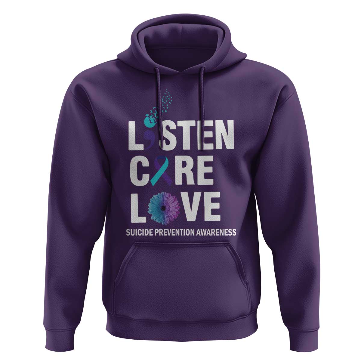 Suicide Prevention Awareness Hoodie Listen Care Love Semicolon Bird Flower Ribbon - Wonder Print Shop