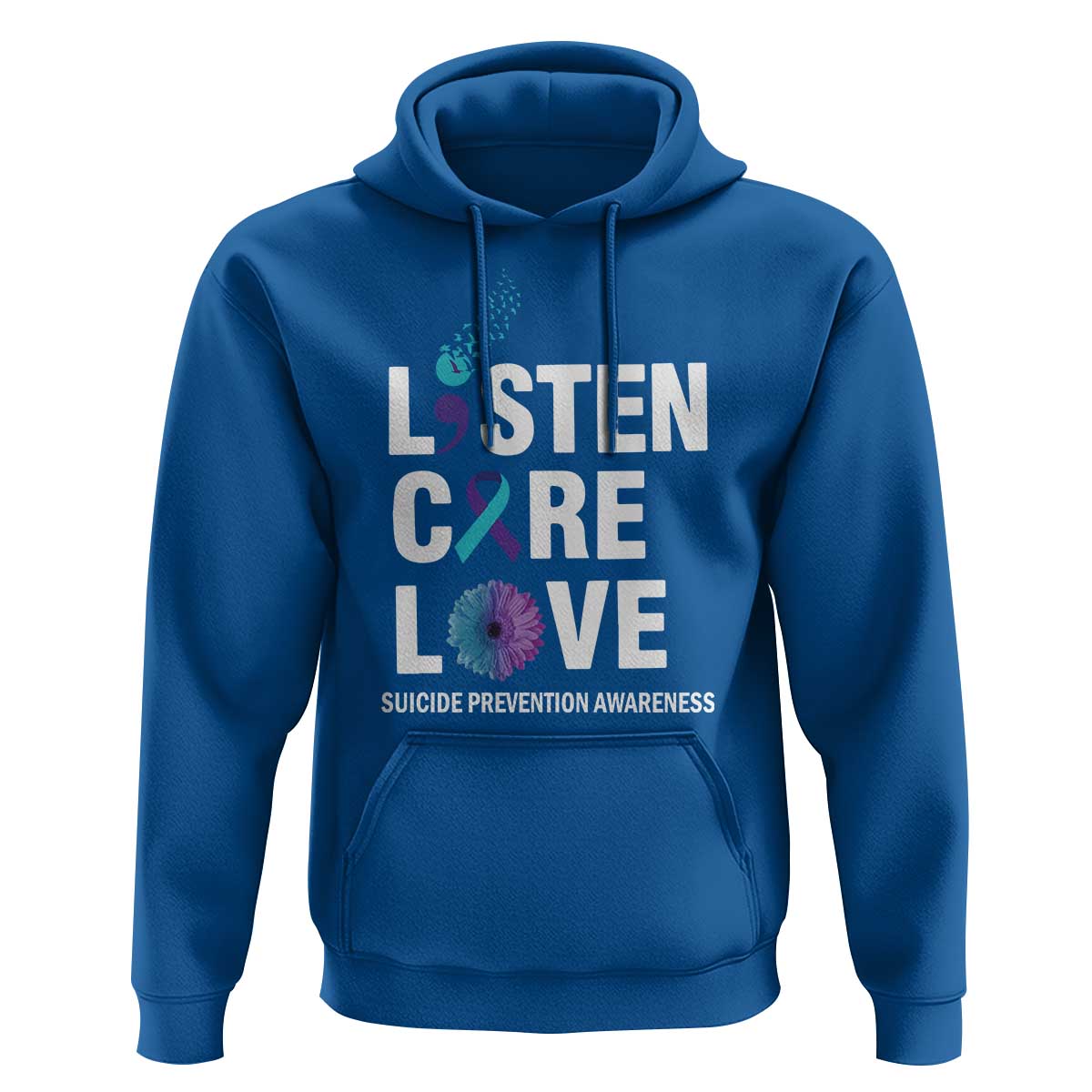 Suicide Prevention Awareness Hoodie Listen Care Love Semicolon Bird Flower Ribbon - Wonder Print Shop