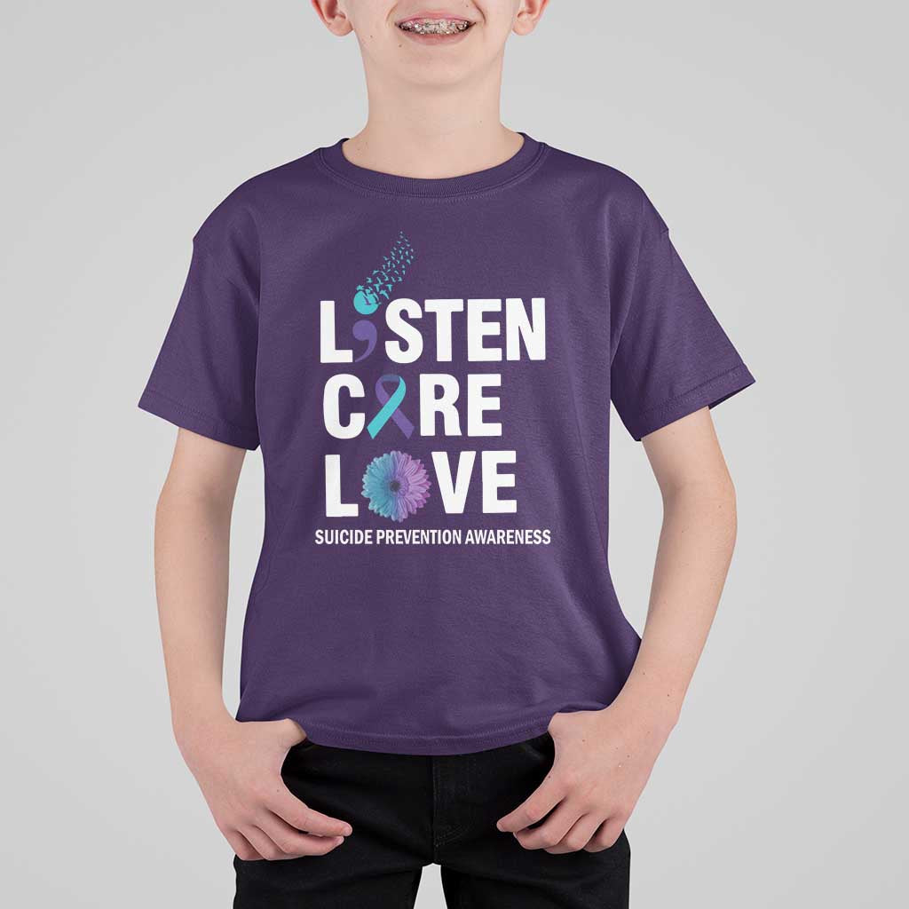 Suicide Prevention Awareness T Shirt For Kid Listen Care Love Semicolon Bird Flower Ribbon - Wonder Print Shop