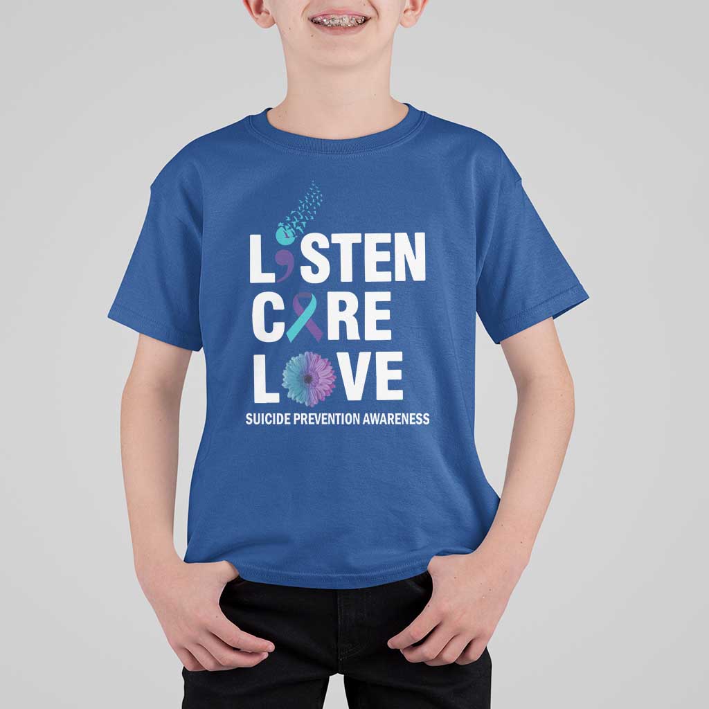 Suicide Prevention Awareness T Shirt For Kid Listen Care Love Semicolon Bird Flower Ribbon - Wonder Print Shop