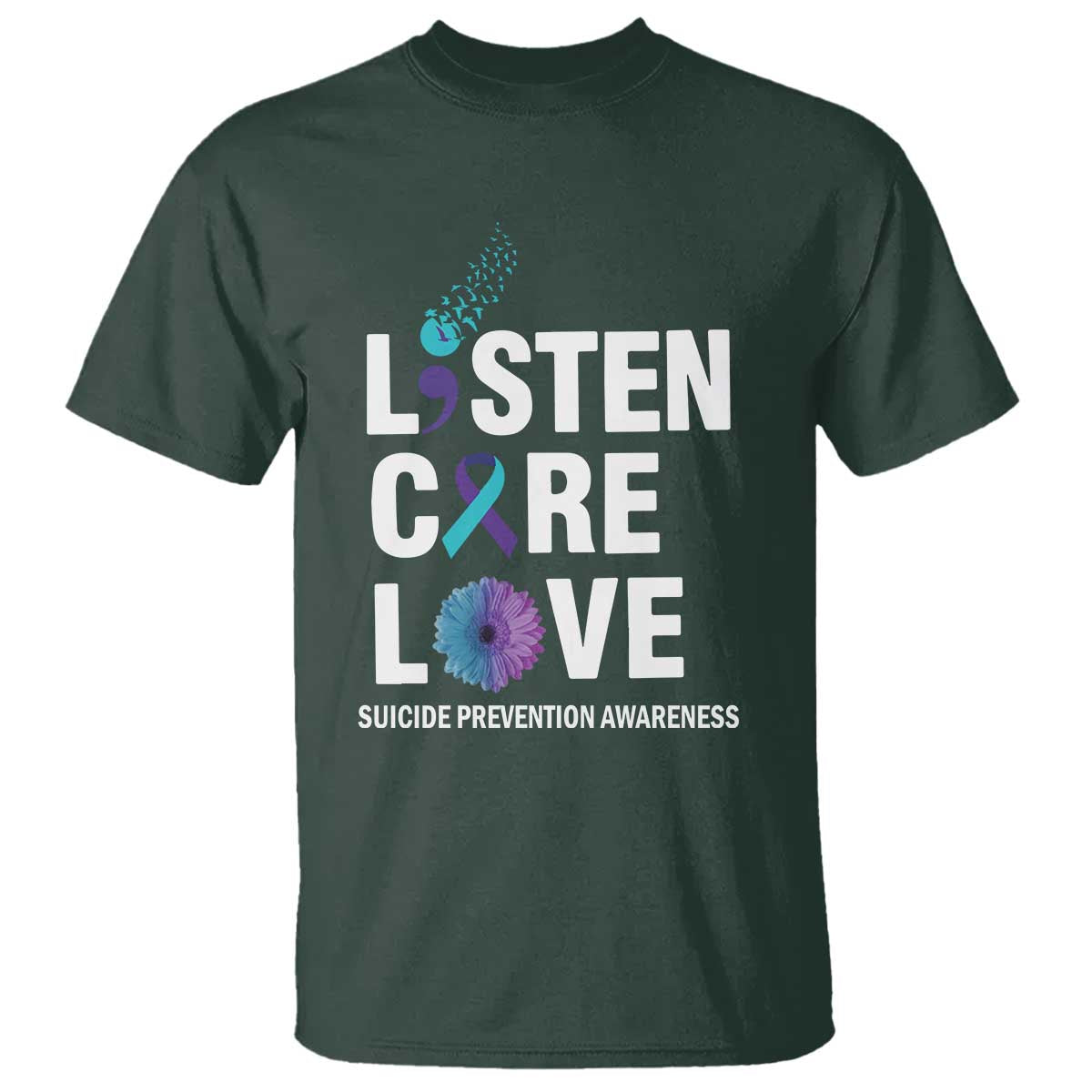 Suicide Prevention Awareness T Shirt Listen Care Love Semicolon Bird Flower Ribbon - Wonder Print Shop