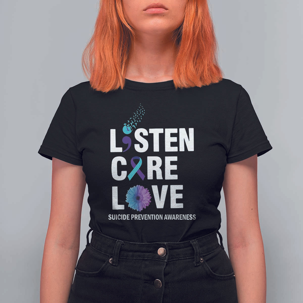 Suicide Prevention Awareness T Shirt For Women Listen Care Love Semicolon Bird Flower Ribbon - Wonder Print Shop