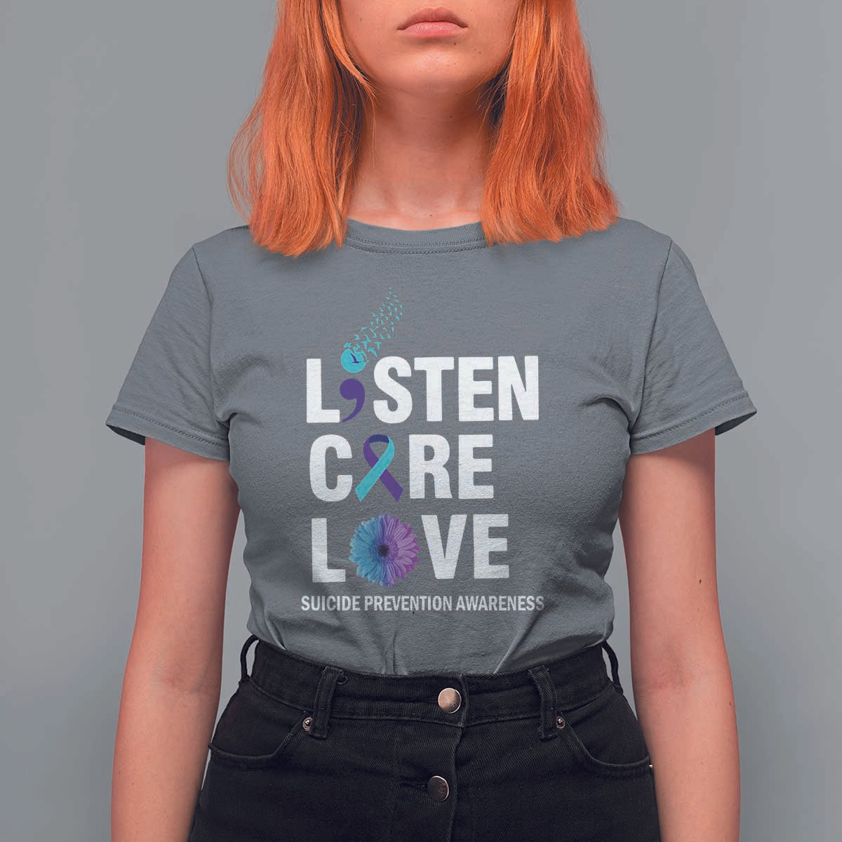 Suicide Prevention Awareness T Shirt For Women Listen Care Love Semicolon Bird Flower Ribbon - Wonder Print Shop