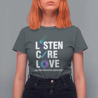 Suicide Prevention Awareness T Shirt For Women Listen Care Love Semicolon Bird Flower Ribbon - Wonder Print Shop