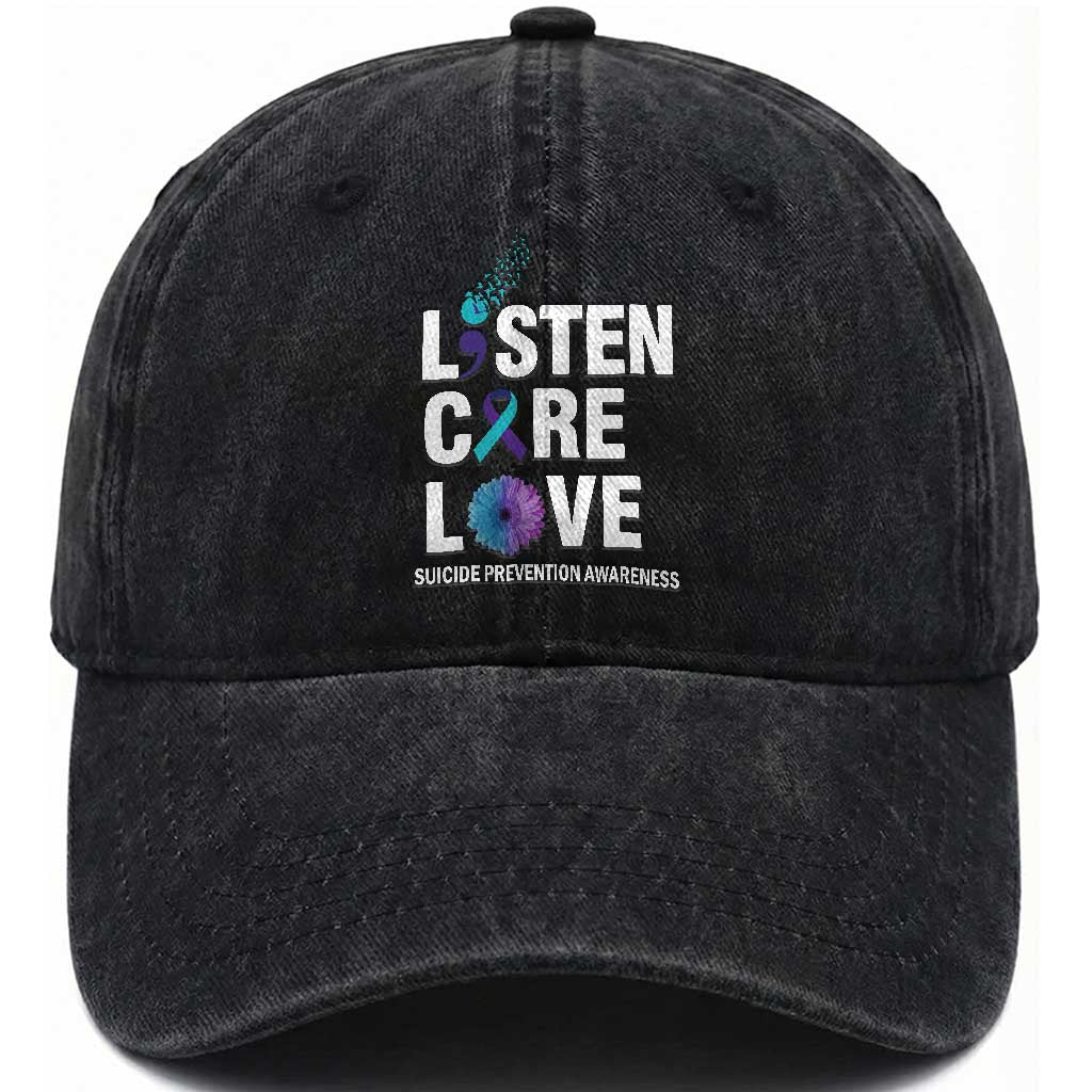 Suicide Prevention Awareness Washed Cotton Baseball Cap Listen Care Love Semicolon Bird Flower Ribbon