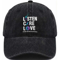 Suicide Prevention Awareness Washed Cotton Baseball Cap Listen Care Love Semicolon Bird Flower Ribbon
