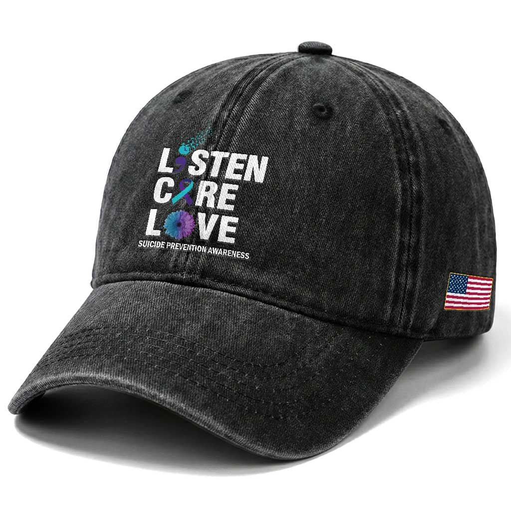 Suicide Prevention Awareness Washed Cotton Baseball Cap Listen Care Love Semicolon Bird Flower Ribbon