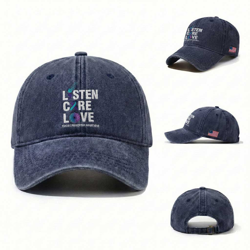 Suicide Prevention Awareness Washed Cotton Baseball Cap Listen Care Love Semicolon Bird Flower Ribbon