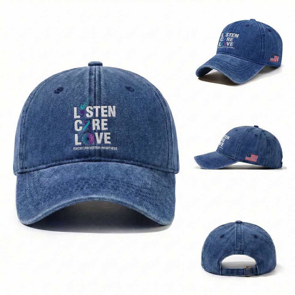 Suicide Prevention Awareness Washed Cotton Baseball Cap Listen Care Love Semicolon Bird Flower Ribbon
