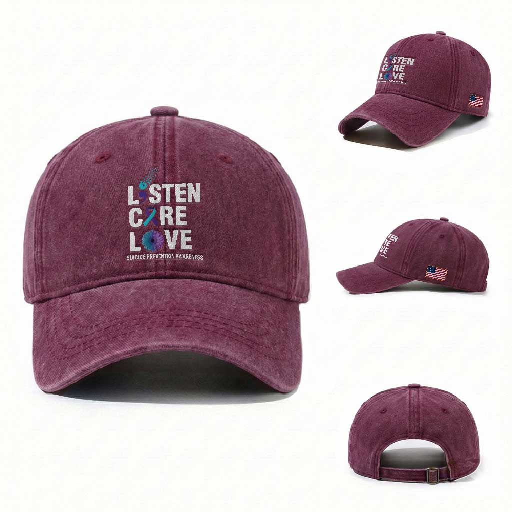 Suicide Prevention Awareness Washed Cotton Baseball Cap Listen Care Love Semicolon Bird Flower Ribbon