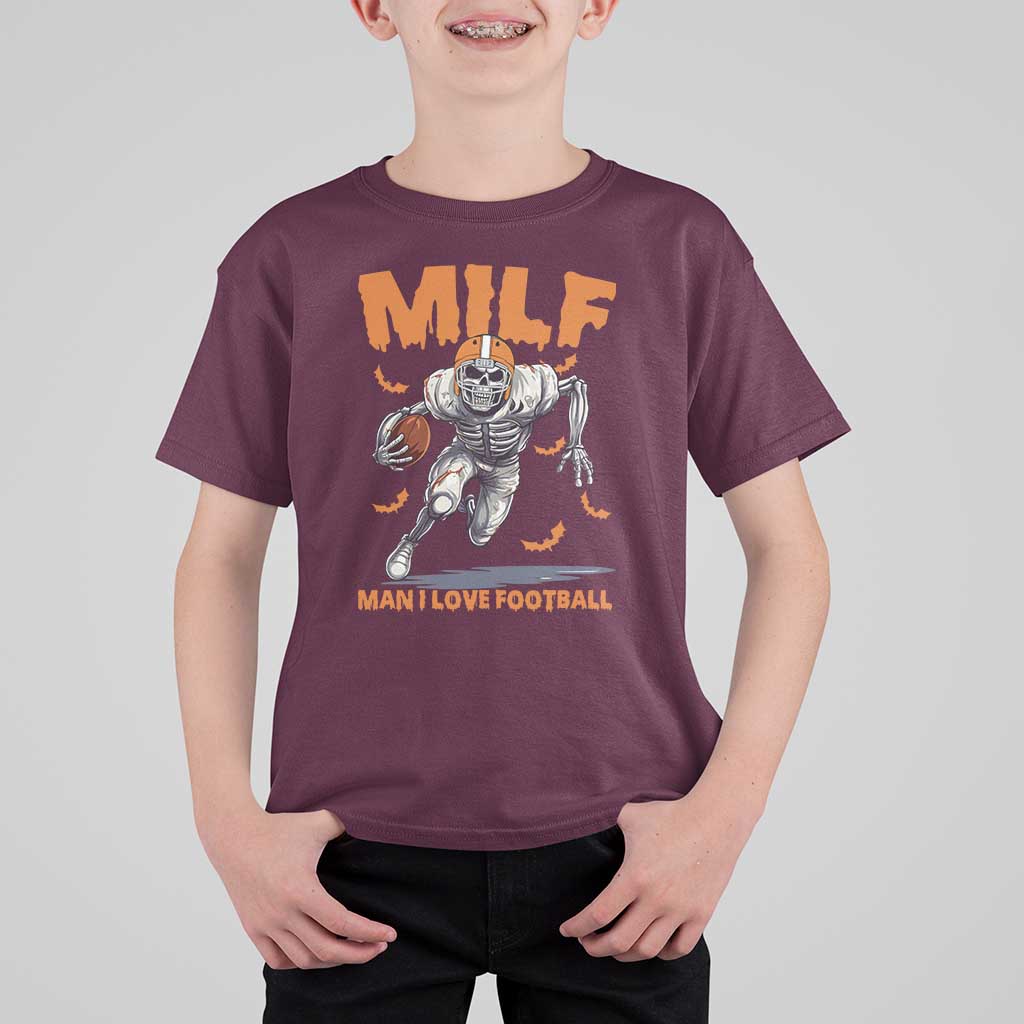 Funny Football Lover T Shirt For Kid MILF Man I Love Football Skeleton Player Bat - Wonder Print Shop
