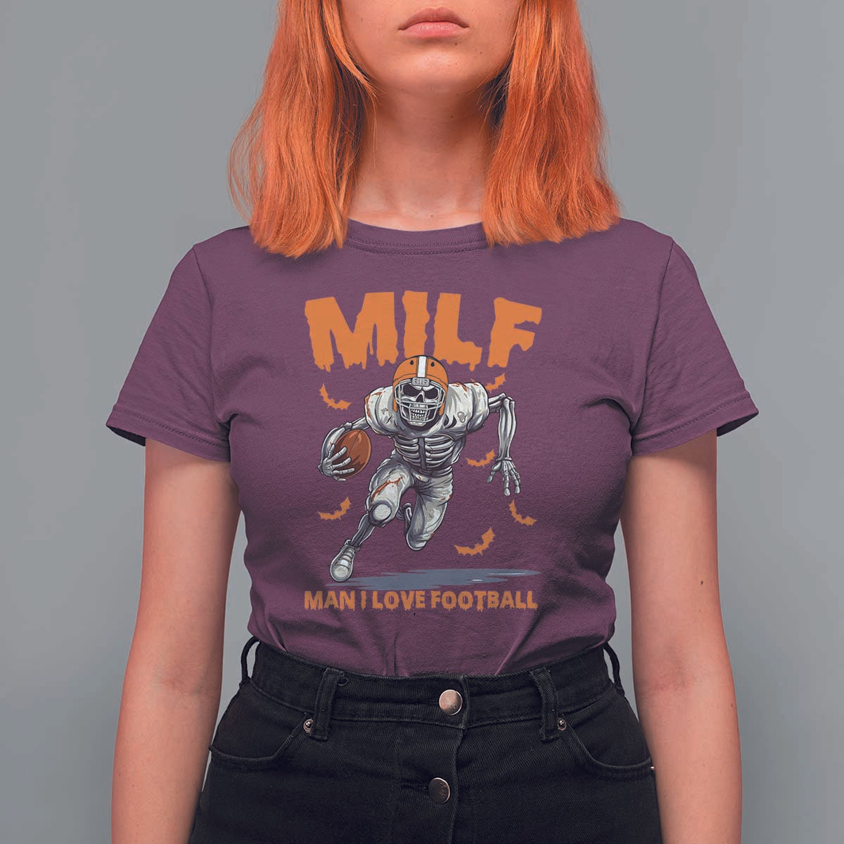 Funny Football Lover T Shirt For Women MILF Man I Love Football Skeleton Player Bat - Wonder Print Shop