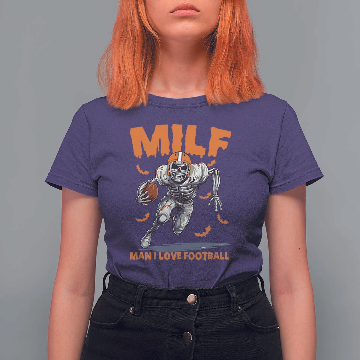 Funny Football Lover T Shirt For Women MILF Man I Love Football Skeleton Player Bat - Wonder Print Shop