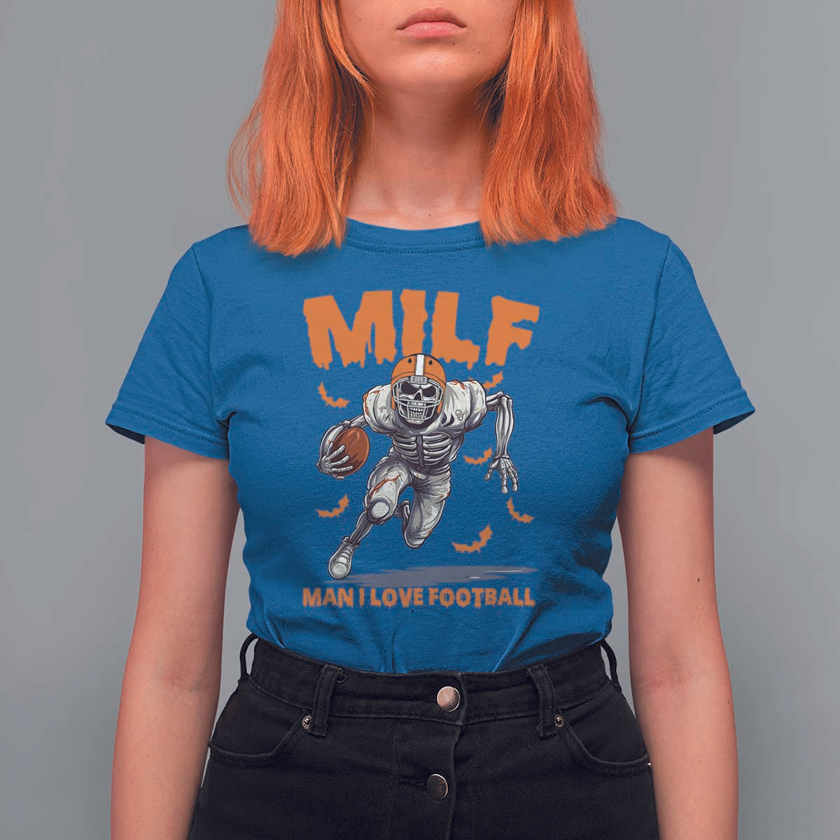 Funny Football Lover T Shirt For Women MILF Man I Love Football Skeleton Player Bat - Wonder Print Shop