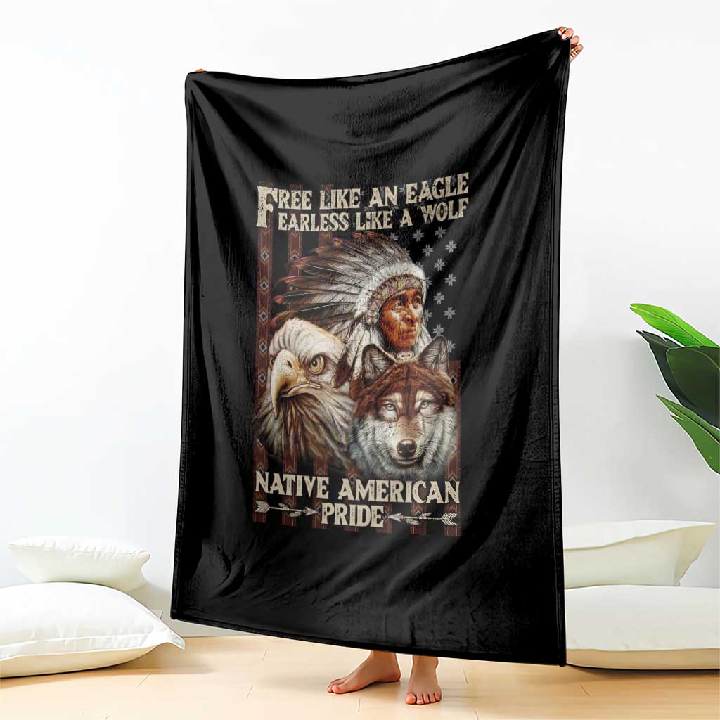 Native American Pride Throw Blanket Free Like An Eagle Fearless Like A Wolf Vintage Flag - Wonder Print Shop