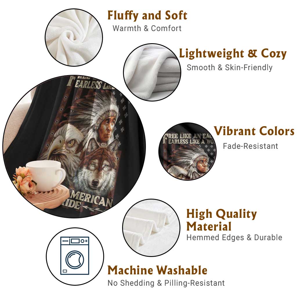 Native American Pride Throw Blanket Free Like An Eagle Fearless Like A Wolf Vintage Flag - Wonder Print Shop