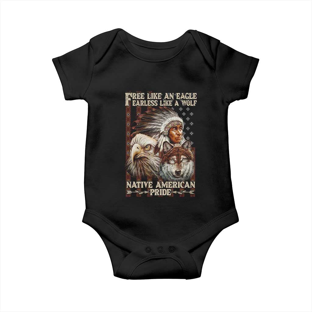 Native American Pride Baby Onesie Free Like An Eagle Fearless Like A Wolf Vintage Flag - Wonder Print Shop