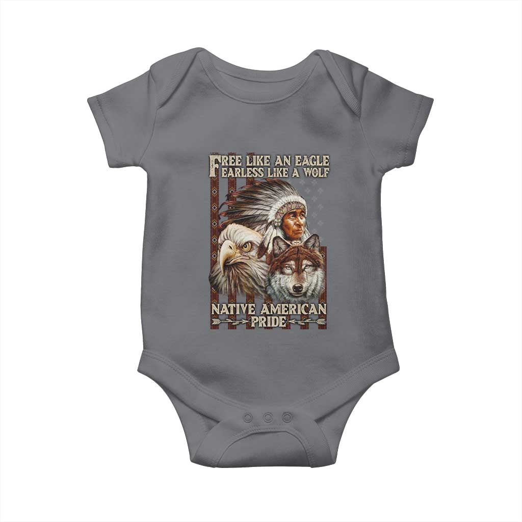 Native American Pride Baby Onesie Free Like An Eagle Fearless Like A Wolf Vintage Flag - Wonder Print Shop