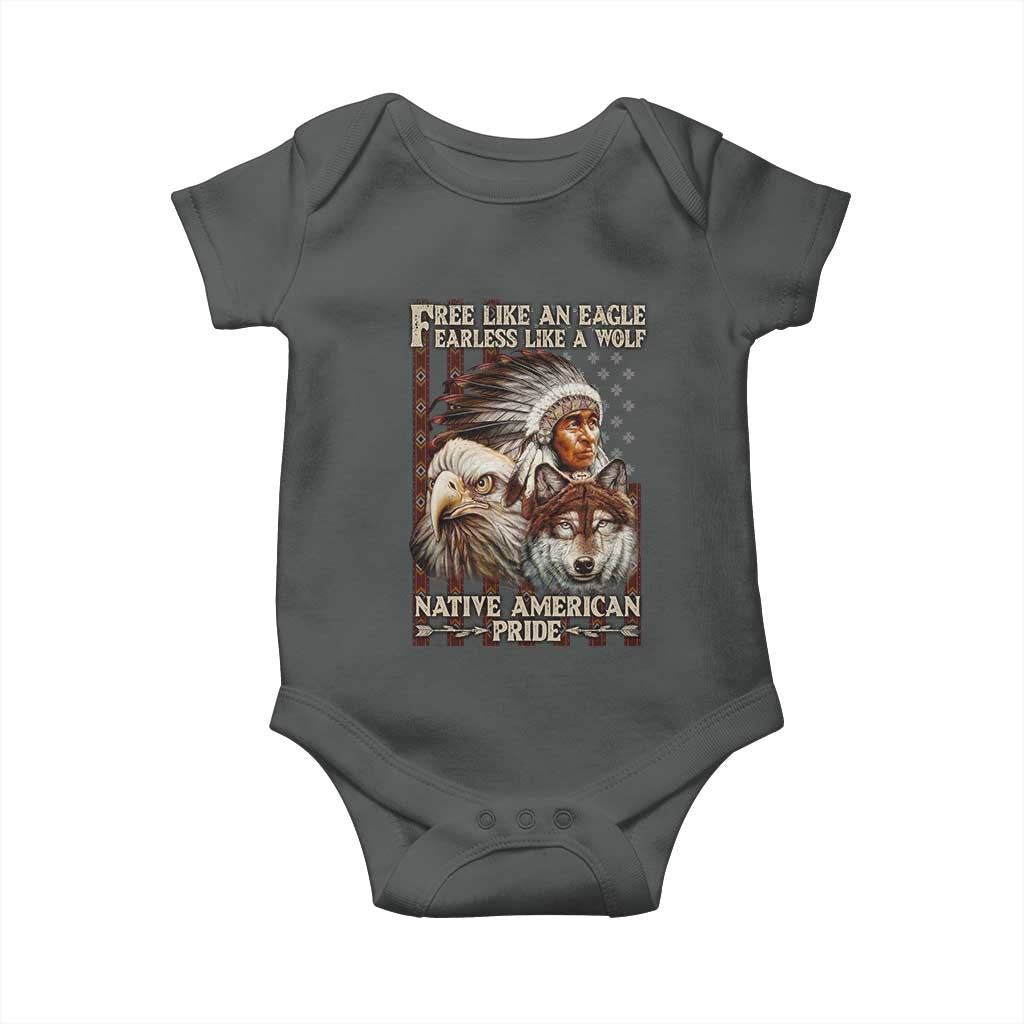 Native American Pride Baby Onesie Free Like An Eagle Fearless Like A Wolf Vintage Flag - Wonder Print Shop