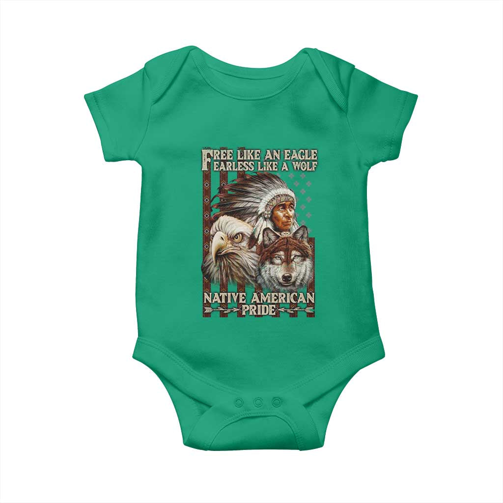 Native American Pride Baby Onesie Free Like An Eagle Fearless Like A Wolf Vintage Flag - Wonder Print Shop