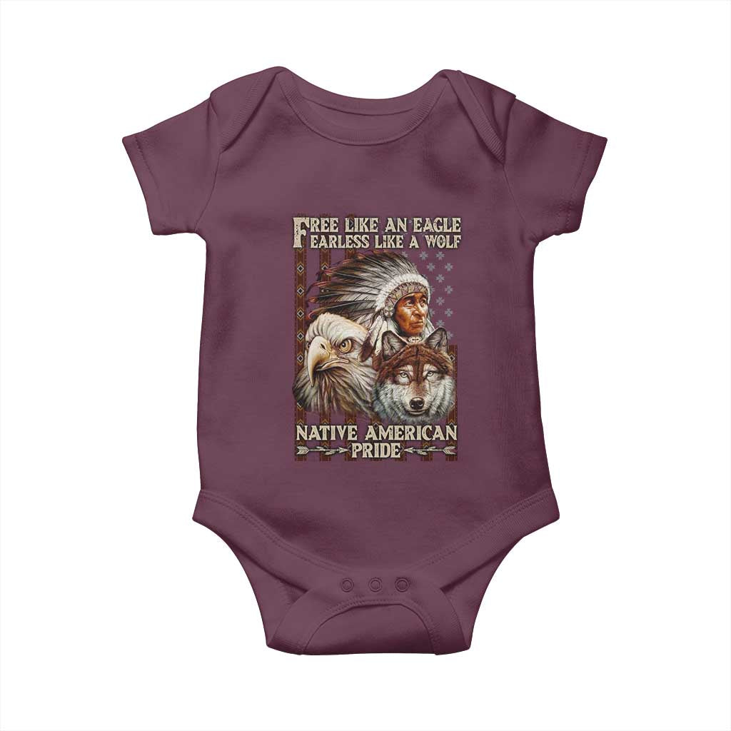 Native American Pride Baby Onesie Free Like An Eagle Fearless Like A Wolf Vintage Flag - Wonder Print Shop
