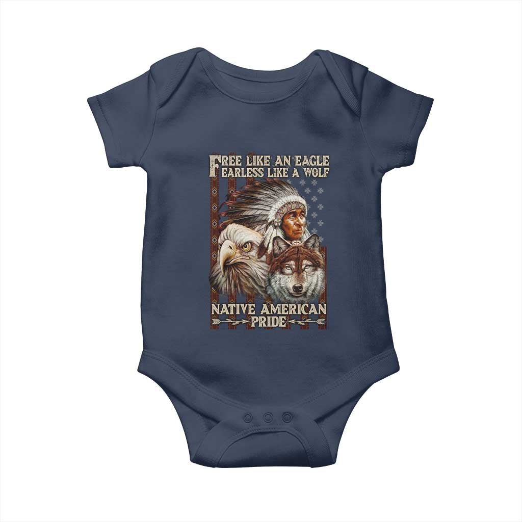 Native American Pride Baby Onesie Free Like An Eagle Fearless Like A Wolf Vintage Flag - Wonder Print Shop