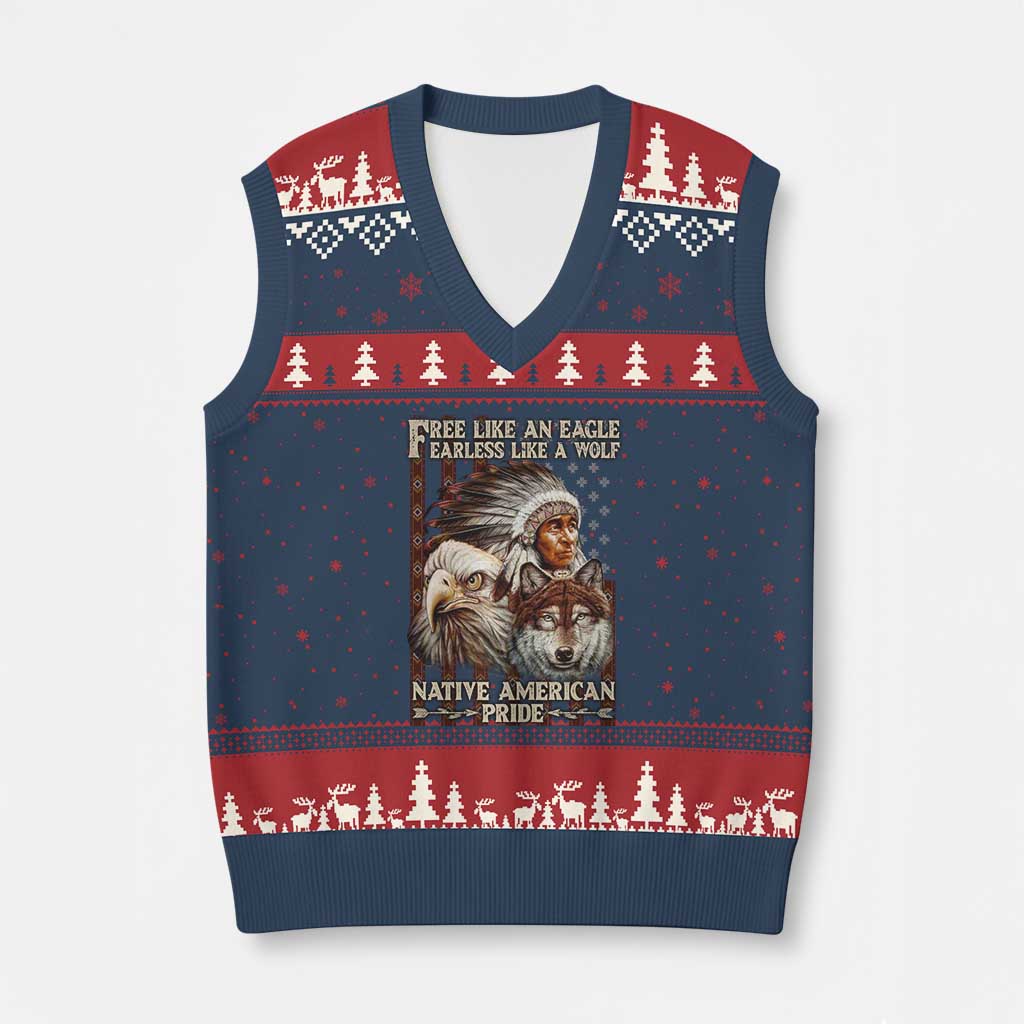 Native American Pride V-Neck Knit Sweater Vest Free Like An Eagle Fearless Like A Wolf Vintage Flag - Wonder Print Shop