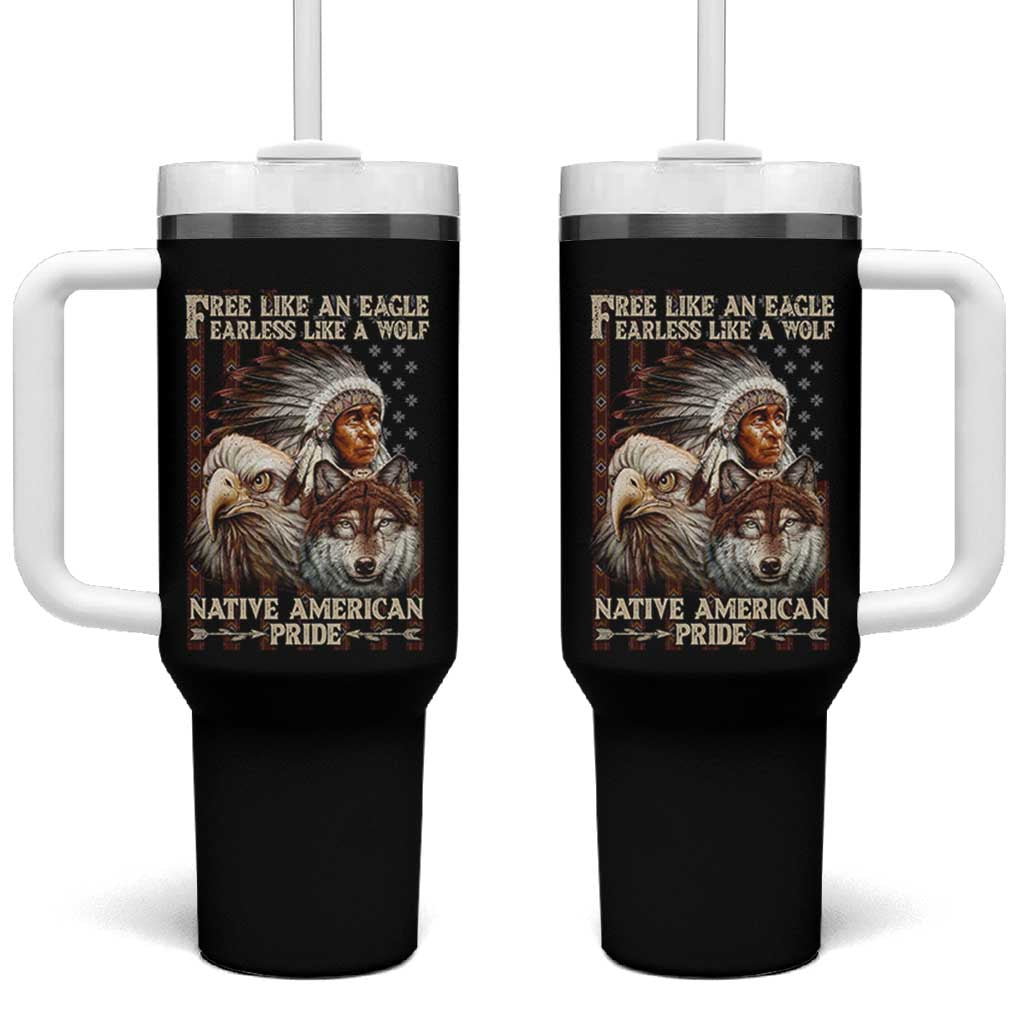 Native American Pride Tumbler With Handle Free Like An Eagle Fearless Like A Wolf Vintage Flag - Wonder Print Shop