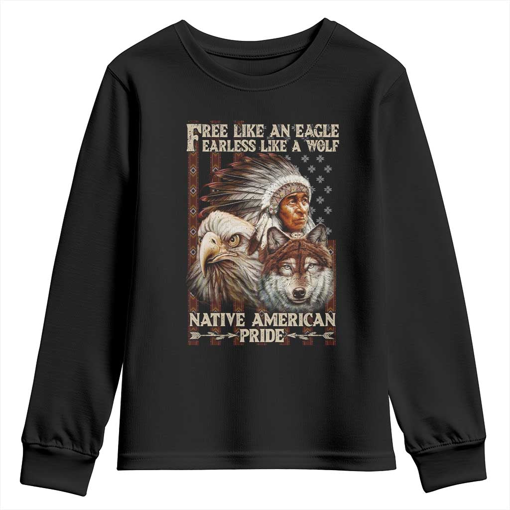 Native American Pride Youth Sweatshirt Free Like An Eagle Fearless Like A Wolf Vintage Flag - Wonder Print Shop