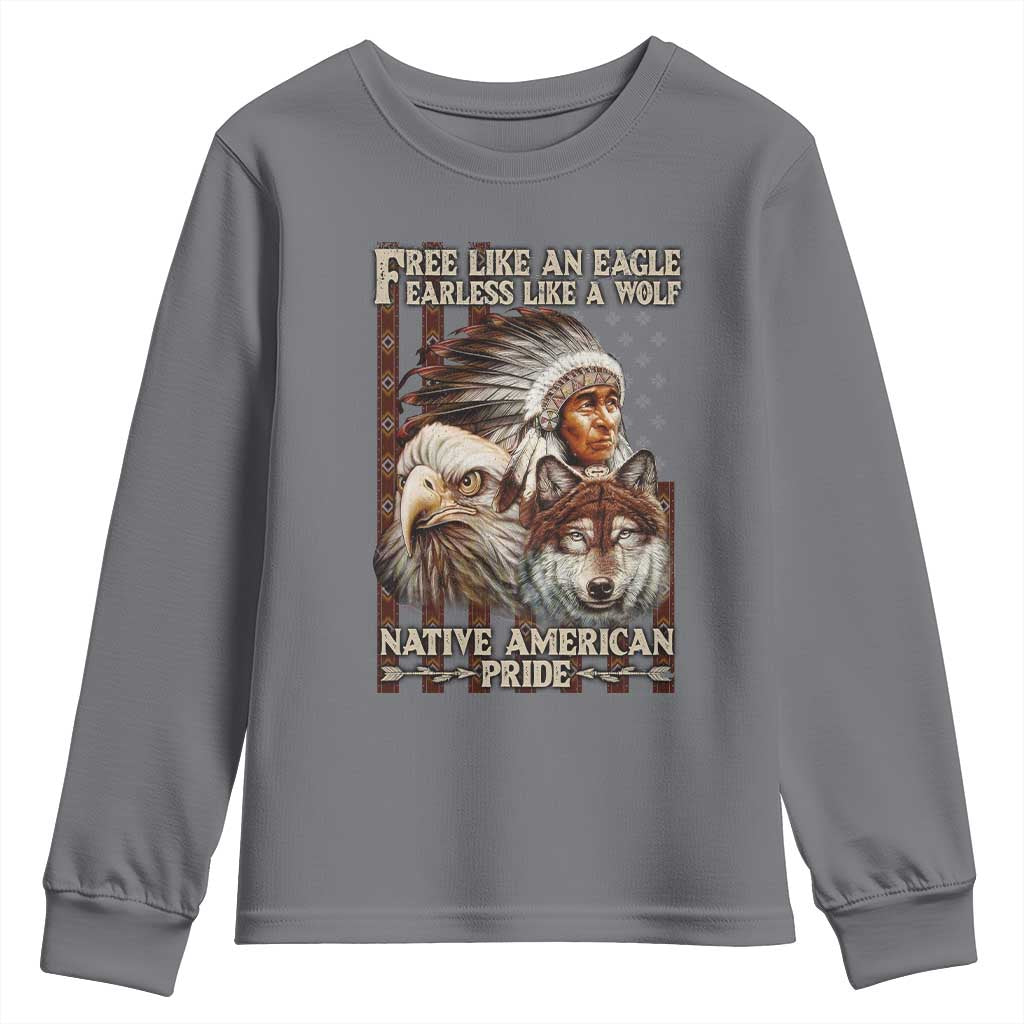 Native American Pride Youth Sweatshirt Free Like An Eagle Fearless Like A Wolf Vintage Flag - Wonder Print Shop