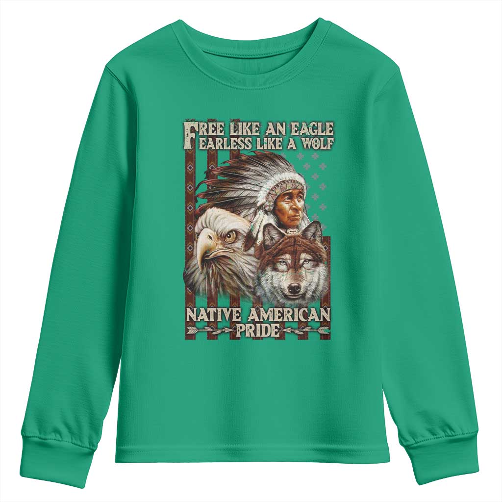 Native American Pride Youth Sweatshirt Free Like An Eagle Fearless Like A Wolf Vintage Flag - Wonder Print Shop